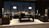 新中式家具 会客洽谈双人榻休闲沙发椅 后现代复古印画全实木沙发