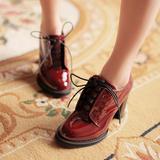 小码女鞋32-33英伦复古酒红色系带漆皮高跟粗跟大码单鞋40-43韩版
