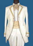 男士演出服燕尾服套装 新郎结婚婚礼服 镶边白色修身长款礼服