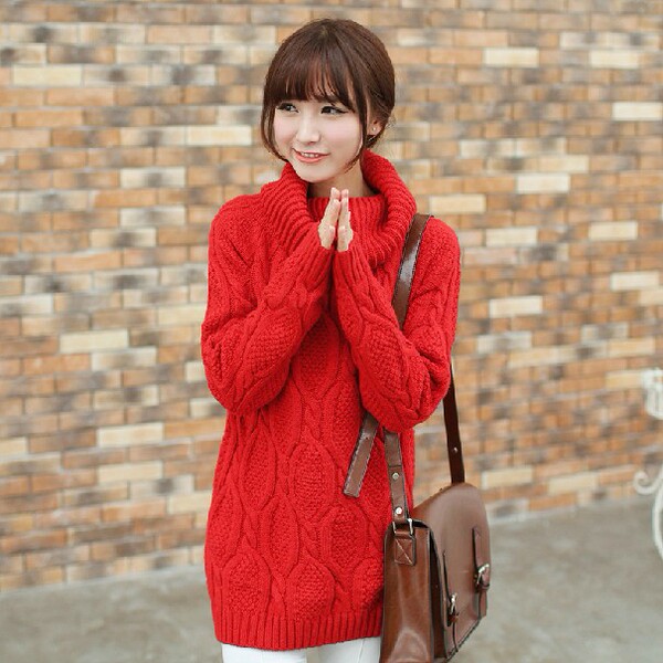 包邮2014春装新款韩版大领子粗棒针套头针织衫中长款宽松长袖毛衣