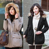冬装韩版女装新款带帽貉子毛领抽绳收腰修身中长款棉衣棉服厚外套