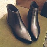 【乂鋆】新品黑色真皮平底短靴 欧美大牌尖头平跟及踝靴子 单鞋子
