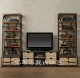 美式复古防锈铁艺书架做旧实木书房 客厅 电视架书柜组合柜展示架