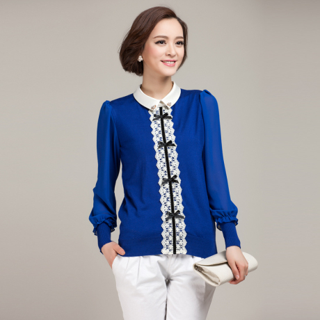 带领子的打底衫女款针织衫t恤春秋季雪纺长袖