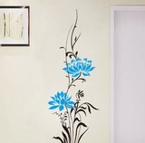 韩国时尚墙贴 客厅门旁会议办公室玄关自粘贴纸 蓝莲花植物贴画
