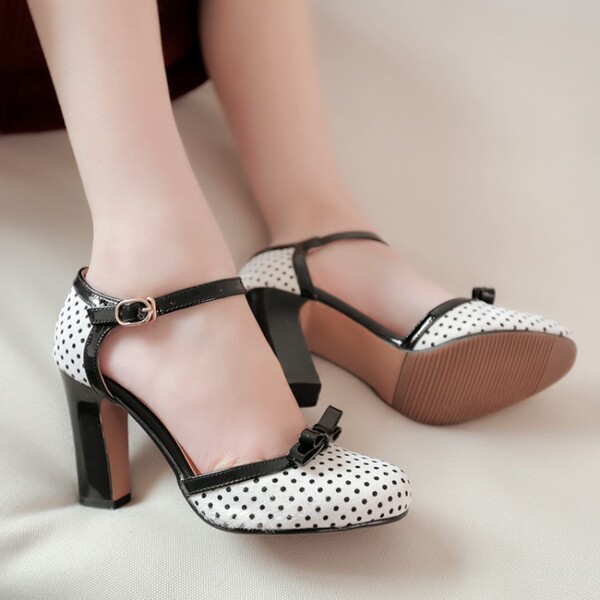 包头超高跟凉鞋女粗跟圆点点波点日系公主蝴蝶结甜美脚环绑带侧空