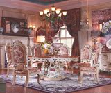 新古典 美式 法式餐桌+餐椅6张实木雕花+大理石面成套高档家具