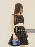 Ms kaka 高端成衣系列 小香格纹腰部蕾丝镂空性感无袖连衣裙