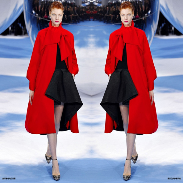 2013冬装新款迪奥走秀款欧美大牌长款大码红色羊绒风衣大衣外套女