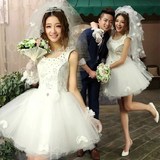 2015新款韩版公主蓬蓬裙婚纱新娘短款婚纱双肩绑带收身送头纱手套