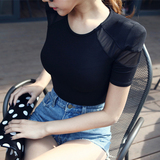 2014韩国dabagirl性感短袖肩膀透视垫肩独特百搭t恤 女装上衣潮
