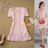 2件包邮女装16夏新款韩版简约大码淡粉色鱼尾修身半袖连衣裙