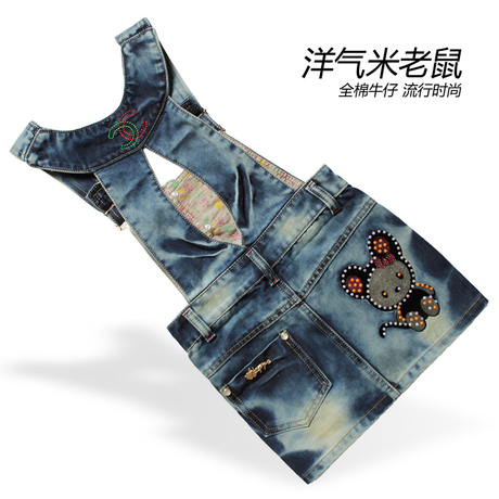 2014春秋10新款11女大童12牛仔15背带裙9连