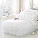 韩式白雪公主 纯白色四件套 蕾丝带莎花边床裙床罩 纯色床上用品