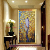 金色发财树 油画 纯手绘抽象 客厅走廊玄关画 竖版单幅有框装饰画