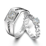 PT950 纯银镀铂金情侣对戒 订婚 结婚戒指 仿真钻戒珠宝首饰品