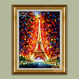 欧式建筑手绘抽象风景油画楼道玄关高档竖版有框刀画巴黎铁塔金光