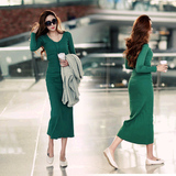 2014韩版新款 秋冬女装长款针织长裙春秋大码修身打底长袖连衣裙