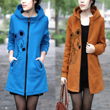 2015冬装新款加厚拉链卫衣外套女开衫韩版中长款连帽抓绒修身大码