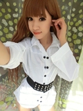 2016春秋女装新款韩版百搭双排扣白色中长衬衣个性衬衫配皮带女装