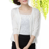 2016春夏季韩版短款七分袖针织开衫女镂空外搭V领空调毛衣薄外套