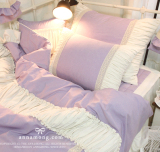 韩国代购进口四件套地中海紫色配米白色镶蕾丝花边纯棉绗缝床品