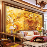 中国风荷花大型壁画 客厅书房背景墙壁纸 中式无缝墙布3d立体浮雕