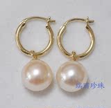 特价精品【瑞丽珍珠】18K黄金/白金 强光白色珍珠耳环耳圈8mm简洁