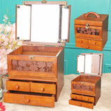 古典梳妆盒木质带镜子仿古首饰盒饰品古董收纳盒化妆箱带镜大容量