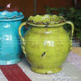 美式法式乡村田园地中海复古做旧绿色双耳陶瓷花瓶蓝色客厅装饰品