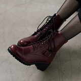 韩国代购正品女鞋 秋冬 欧美粗跟系带马丁靴真皮中跟短靴 女