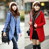 秋冬新款韩版女装加绒加厚麻花修身带帽中长款针织衫毛衣开衫外套