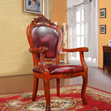欧式全实木皮餐椅 美式软包靠背扶手复古椅子 酒店休闲椅皮艺餐椅