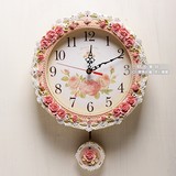 FH欧式田园镜面挂钟静音时钟创意钟表可爱玫瑰花时尚小摆钟-包邮
