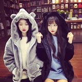 2015冬季韩版小熊兔耳朵毛绒绒连帽加厚长袖卫衣仿皮草外套女