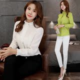 韩版立领衬衫女花边长袖秋季雪纺衬衣气质修身显瘦白色衬衣打底衫