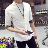 夏季韩版男士亚麻衬衫薄修身寸衣7七分袖衬衣休闲棉麻半袖寸衫
