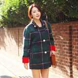 T-Baby韩版冬季新款女装 绿色格子毛呢外套羊绒大衣中长款加棉 潮