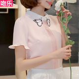 雪纺衫短袖女2016夏 新款韩版小衫上衣修身蝴蝶刺绣清新打底衬衫