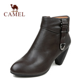 Camel/骆驼正品女鞋 秋冬新款短靴尖头牛皮侧拉链扣带中跟女靴