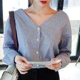 2016春夏新款 韩版小性感露锁骨双V领细条纹衬衫