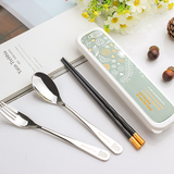 学生筷子勺子叉子套装卡通便携式餐具三件套不锈钢便携餐具盒韩国