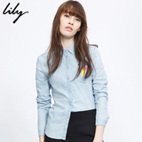 Lily2016春新款女装欧美通勤绣花粉蓝直筒牛仔衬衫116130G4402