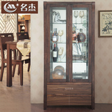 现代新中式玻璃柜客厅隔断柜餐厅厨房黑胡桃双门餐边柜实木酒柜