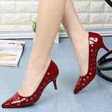 2016新款红色婚鞋真皮女鞋尖头外贸大码单鞋细高跟牛漆皮原单韩版