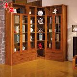 中式实木书柜二三四五门转角书橱自由组合书柜书桌虎斑复古储物柜