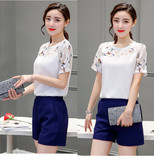 2016春季韩版休闲女装小香风时尚套装夏装雪纺衫上衣+短裤两件套