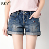 RKY夏季韩版新款牛仔短裤女夏卷边刺绣时尚显瘦薄款女士牛仔裤潮