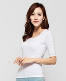 包邮 春装韩版女装中袖七分袖紧身T恤低领莱卡棉纯色修身打底衫