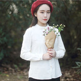 韩版文艺复古女士立领蝴蝶结白色灯芯绒衬衫大码长袖衬衣打底衬衫